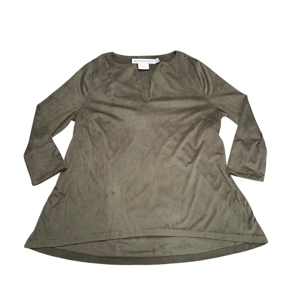 Gretchen Scott Faux Suede Tunic Women S Olive Green Excellent Split Neck Pleat